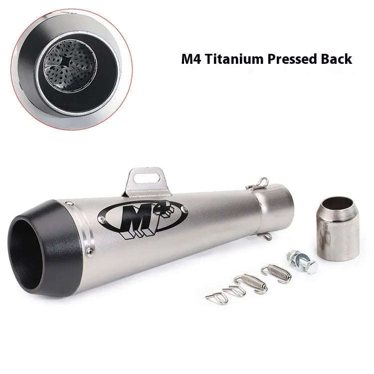 M4 universal motorcycle exhaust pipe in black finish, showing mounting hardware for large displacement bikes.