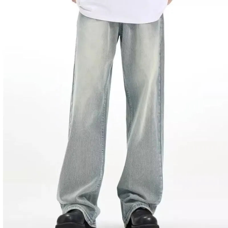Blue loose-fit retro trousers made from rabbit fur fabric on a hanger.
