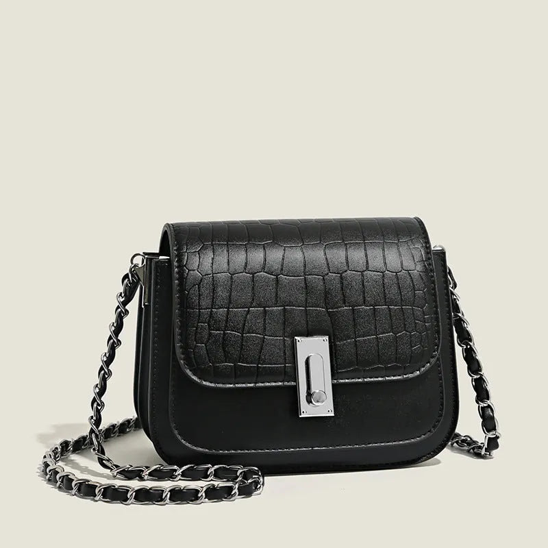 Soft black PU leather women's chain shoulder bag with adjustable strap and square shape.