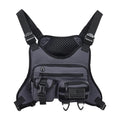 Black outdoor chest bag with adjustable straps, made from Oxford cloth with visible sewing lines.