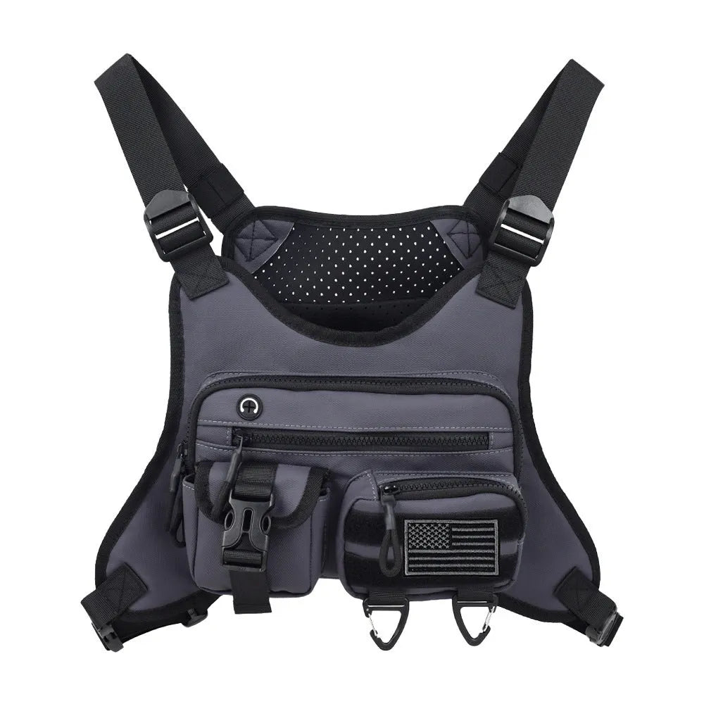 Black outdoor chest bag with adjustable straps, made from Oxford cloth with visible sewing lines.