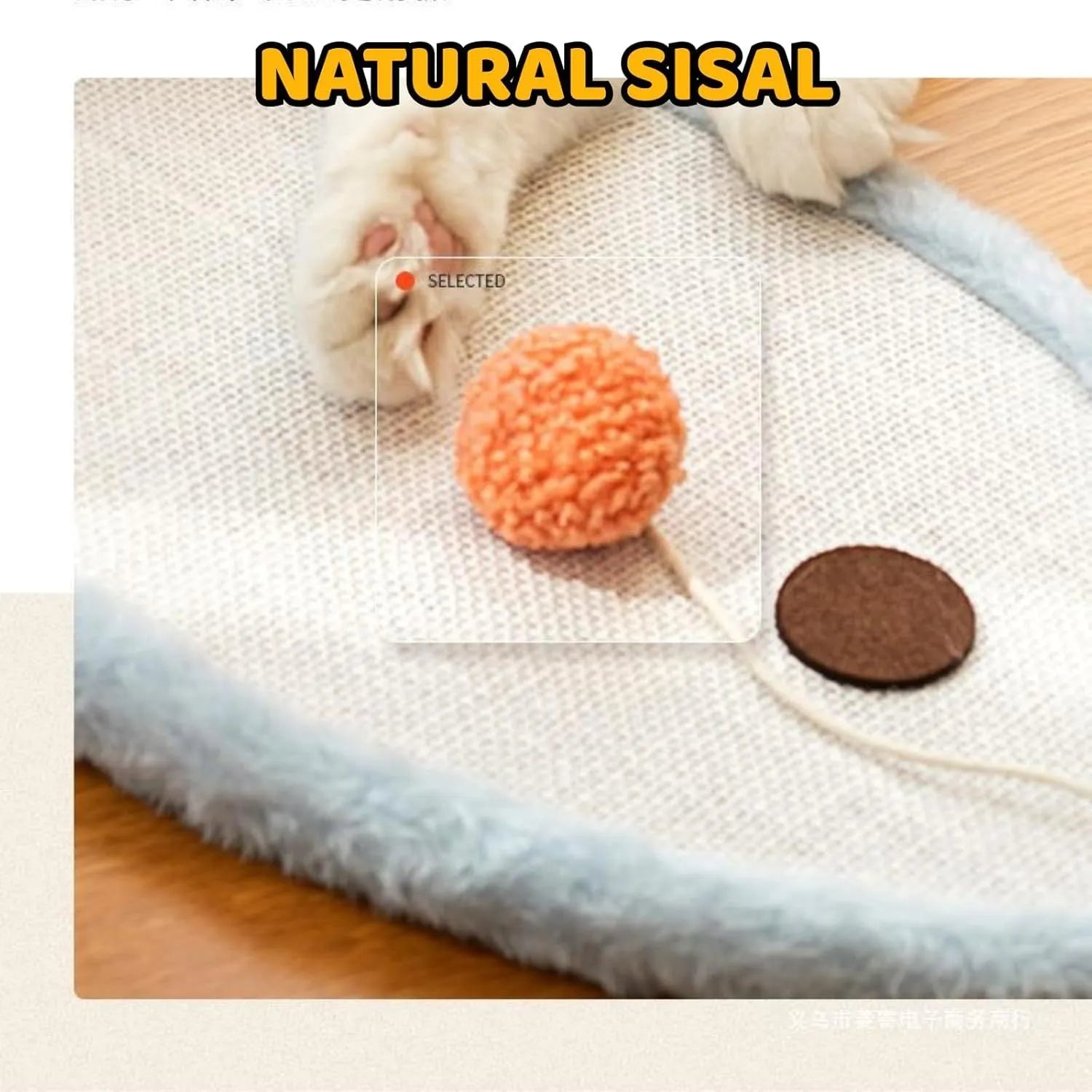 White cat scratching mat with cartoon sleeping cat design, made from natural sisal fibre