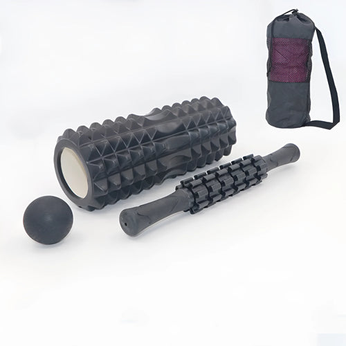 Black six-piece foam roller with gear pattern measuring 33cm long for muscle massage