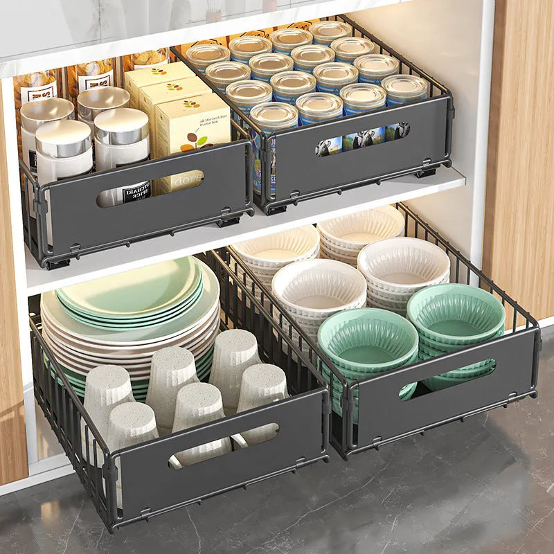 Punch-free folding carbon steel snack storage rack in black on a kitchen countertop