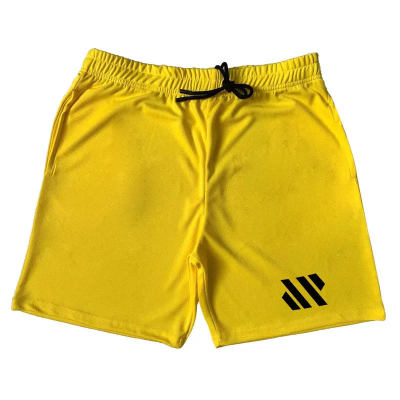 Man's loose-fit metal silk sports shorts in various colours on a hanger.