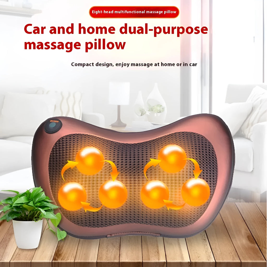Smart shoulder neck massage pillow with 8 massage heads in black genuine leather