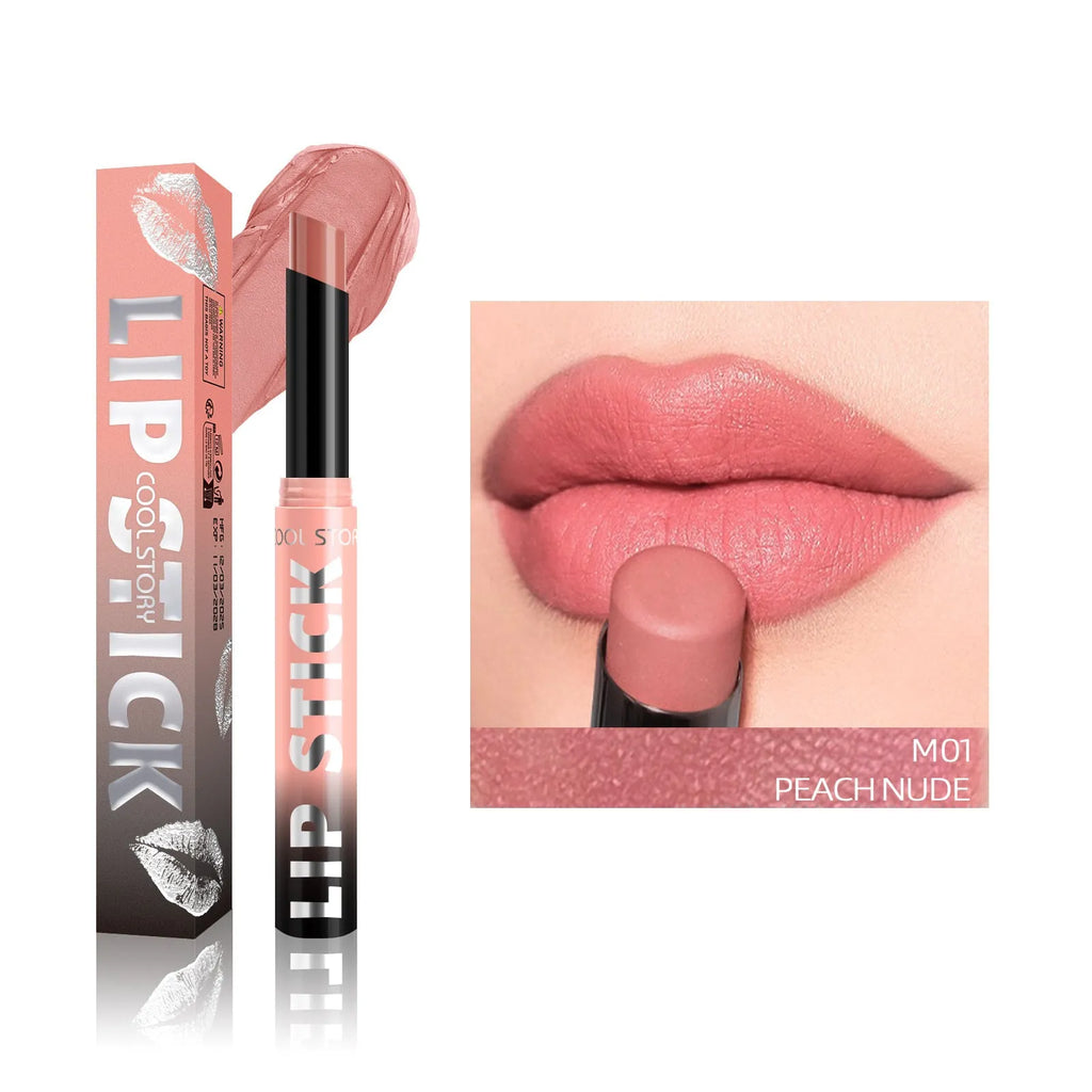 Dual-use lipstick stick with light gloss finish in eight shades including nude and berry tones