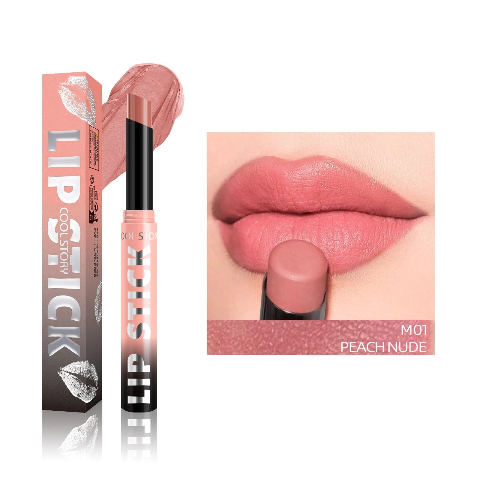 Dual-use lipstick stick with light gloss finish in eight shades including nude and berry tones