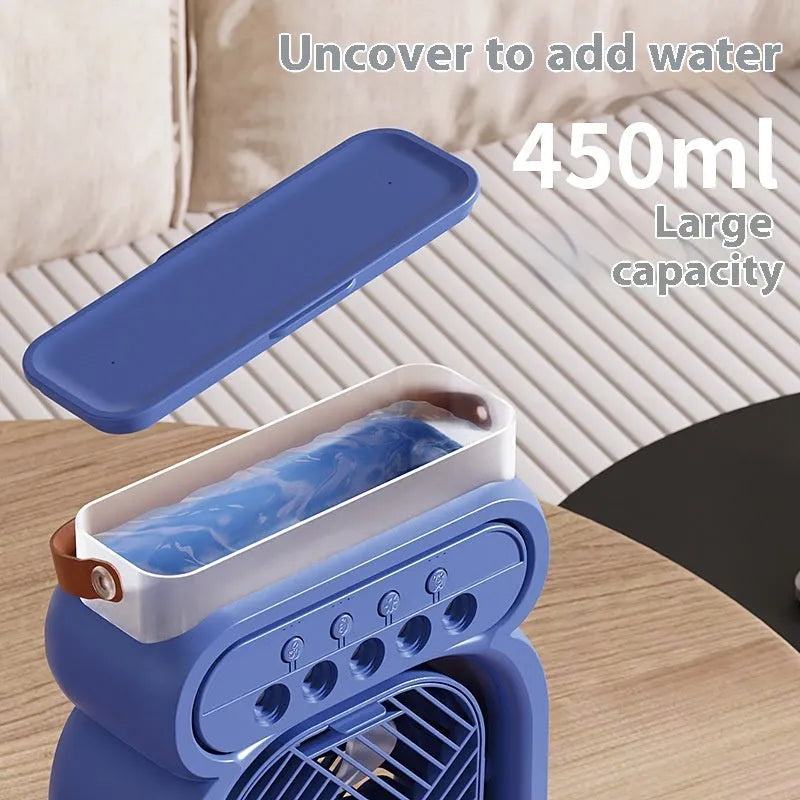 Black portable evaporative air cooler with humidifier tank and multi-colour LED lights on a desk