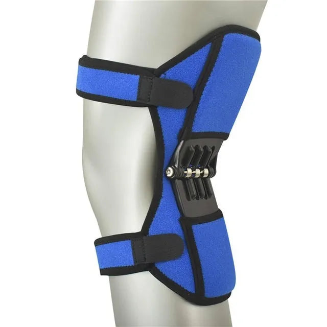 Adjustable spring knee brace support for mountaineering and sports, shown in black with breathable fabric.