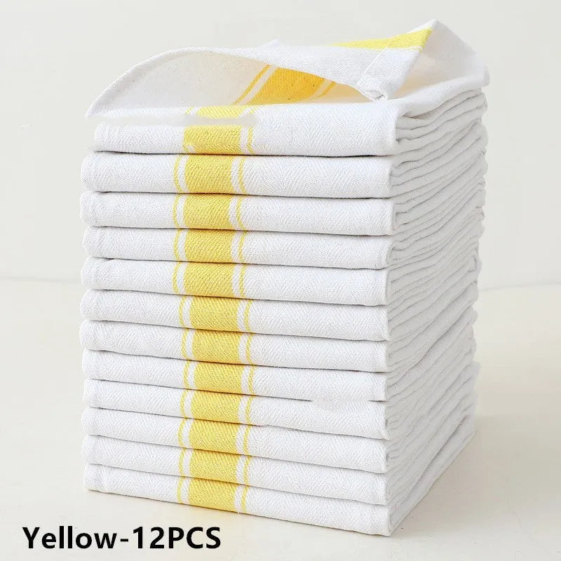 Set of twelve striped polyester cotton blended kitchen dish towels showing colour variations