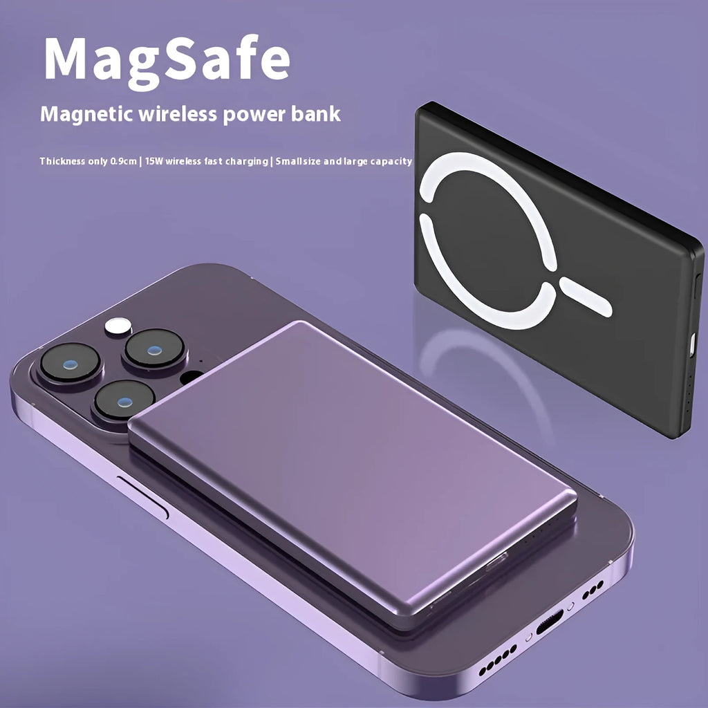 Ultra-thin magnetic power bank with alloy casing in black, grey, silver, or violet