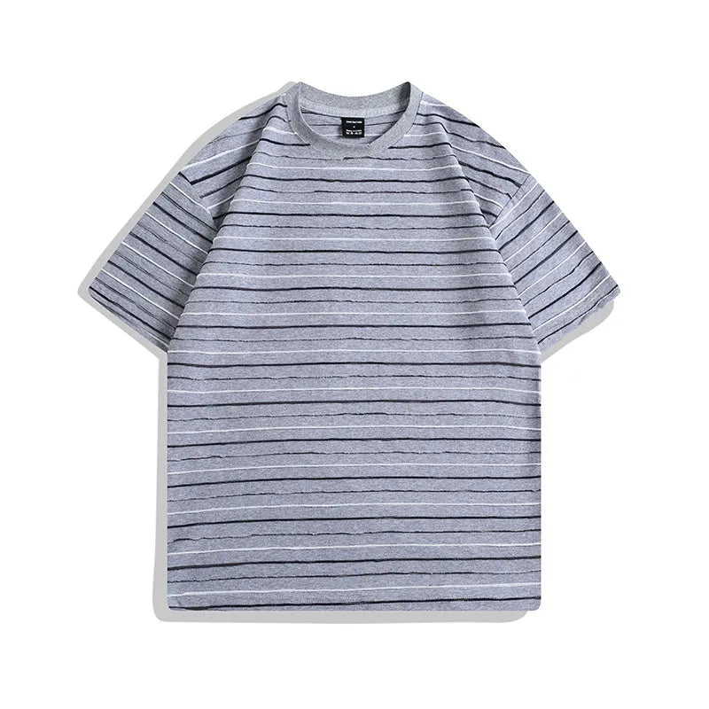 Men's striped loose fit short sleeve T-shirt in apricot colour with round neck and half sleeve design