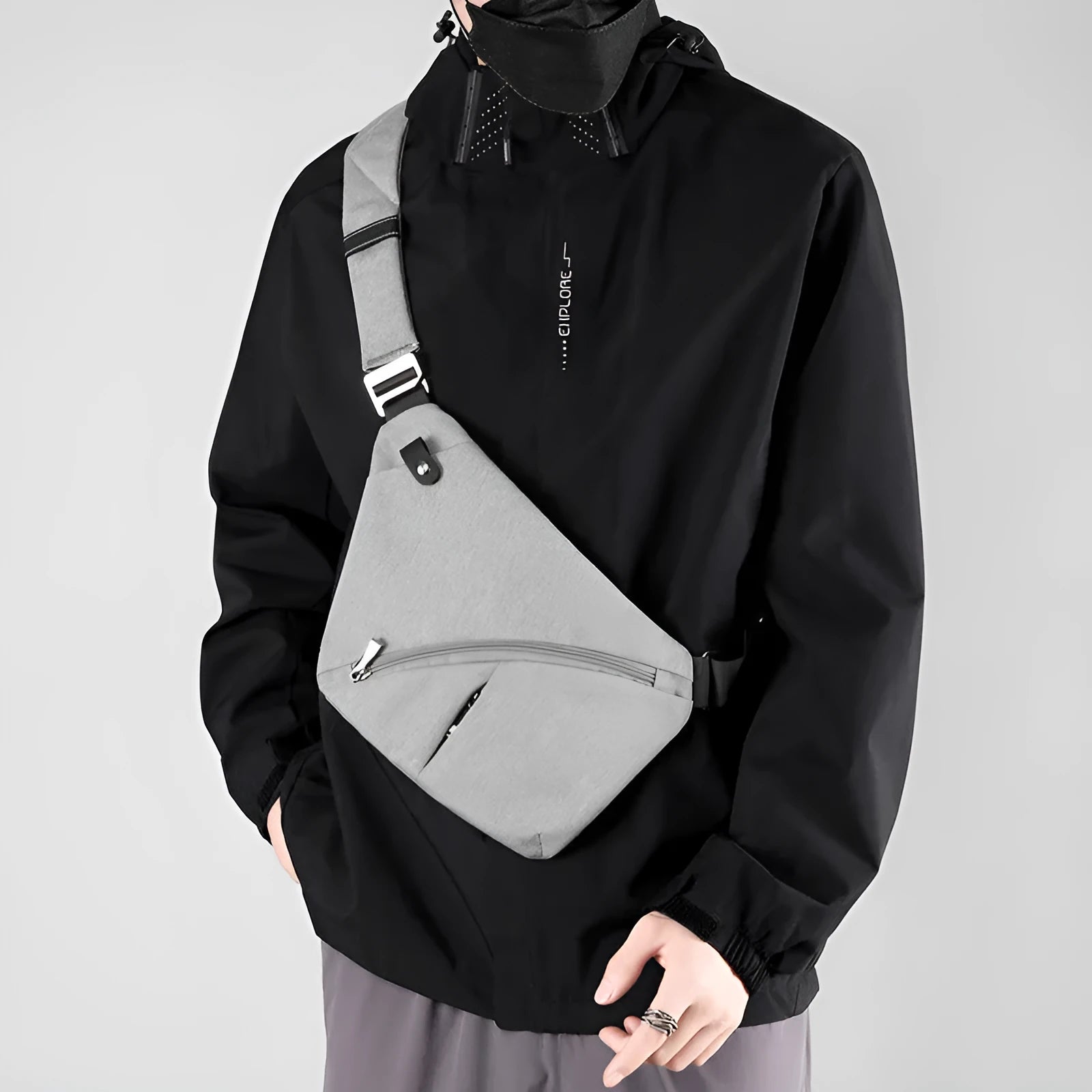 Men's Oxford cloth chest bag with letter print design in black or grey colour