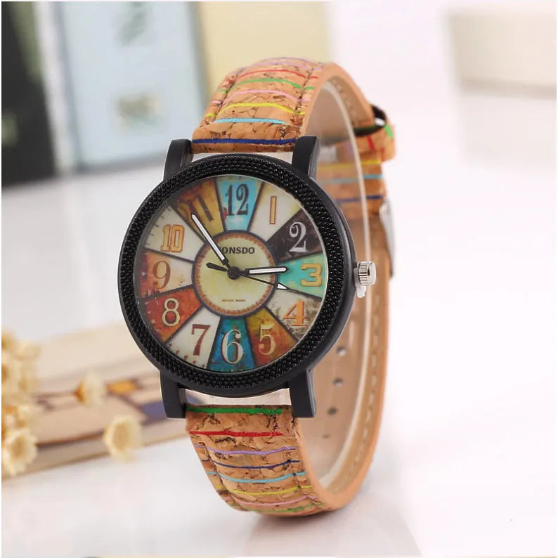 Women's vintage leather strap quartz watch with 37mm round dial and tempered glass crystal