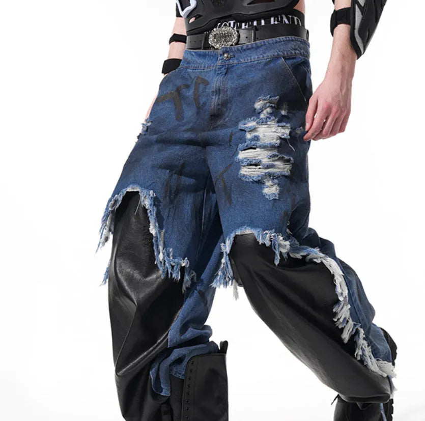 Blue hand painted letters dirty dyed raw hem ripped straight-leg denim pants for teenagers