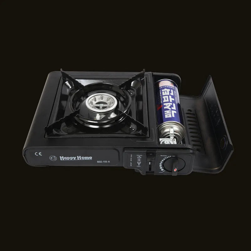 Black portable cassette stove with electronic ignition, 340x280x115mm, shown with black plastic box for camping and BBQ use