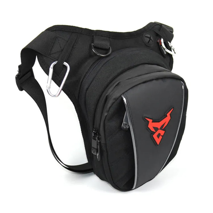 Motorcycle riding leg bag in 1200D Oxford cloth, shown in blue, with crossbody strap.
