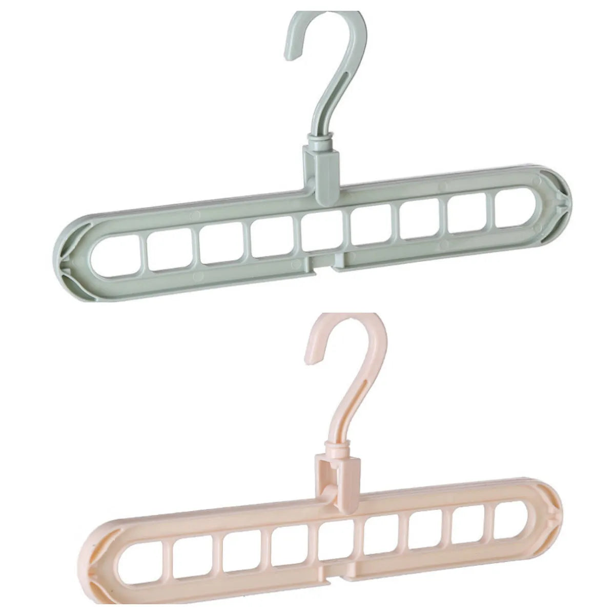 Plastic clothes hanger organiser with rotating hook in various colour options on white background