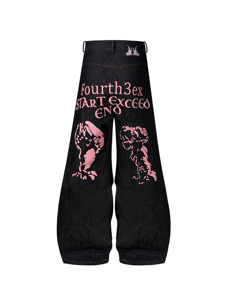 Black Korean wide leg jeans with temperature-sensitive red ear embroidery