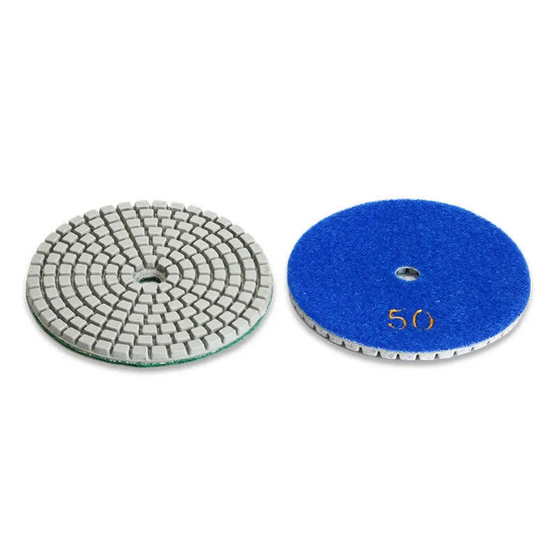 Set of 10 stone polishing pads with emery abrasive, showing 80mm diameter and central 10mm hole.