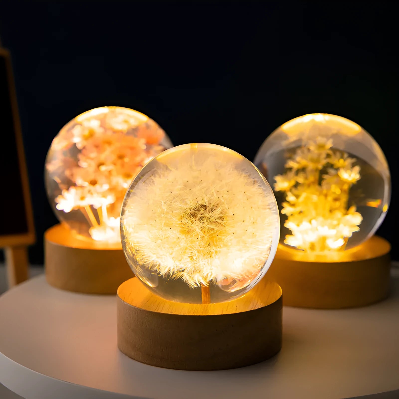 Dandelion crystal ball night light on beech wood base with USB cable for desktop decoration