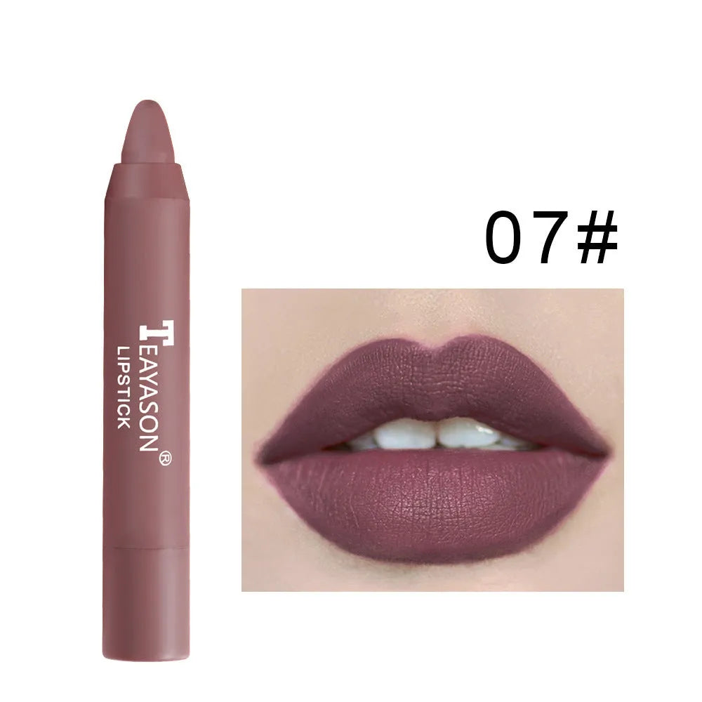 Matte rotating lipstick pen with 12 colour shades in compact 1.8 x 1.8 x 11 cm packaging