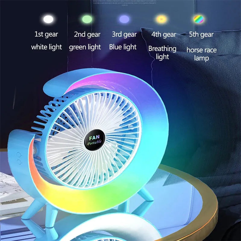 Desktop mini fan with night light in grass green showing 180-degree tilt and USB port