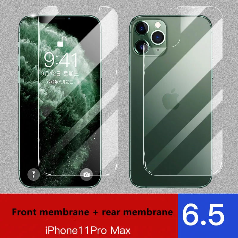 Tempered glass screen and rear protector for Apple iPhone models.