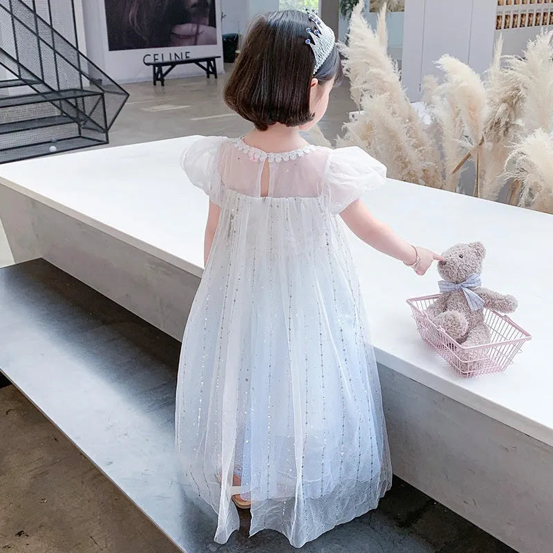 Girls Princess Elsa gradient dress with cotton lining, short sleeves, A-line skirt, colours include gradient Elsa and silver cloak