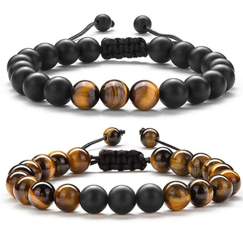 Geometric agate couple bracelets in tiger eye and matte black beads.