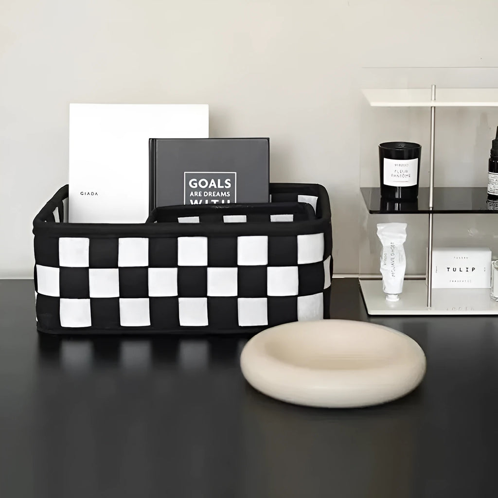 Checkerboard patterned grey felt folding storage basket with open top