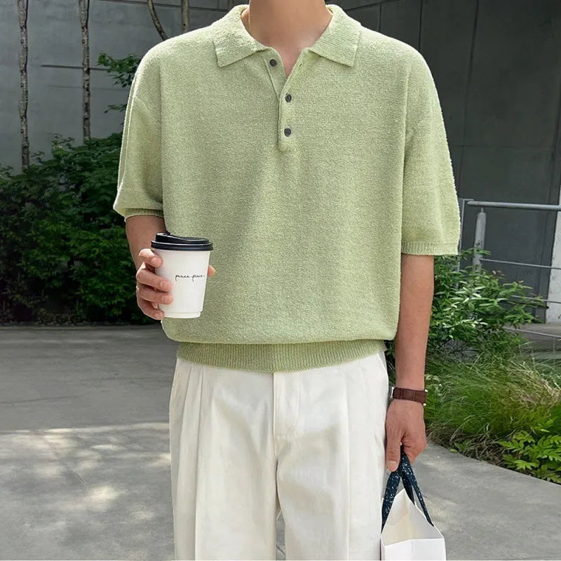 Men's caramel coloured retro knitted polo shirt with short sleeves and asymmetric styling detail
