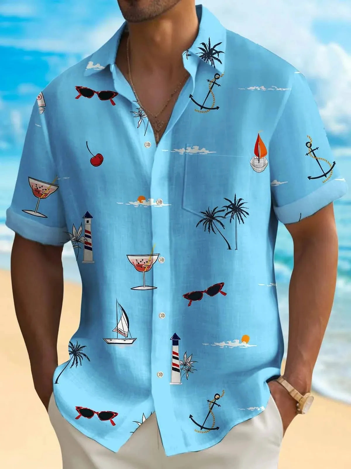 Man wearing a colourful digitally printed Hawaiian shirt with a loose fit and short sleeves.