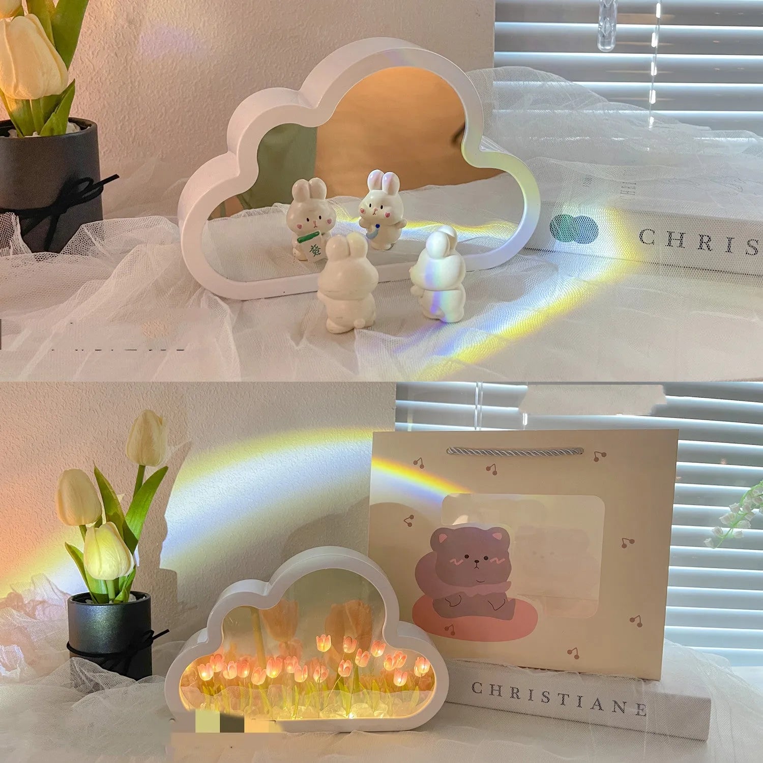 DIY cloud tulip night lamp with decorative mirror and LED light in pink, purple, blue or yellow colours