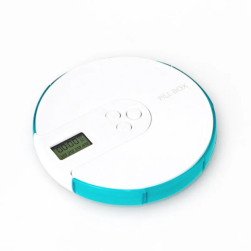 Seven-compartment electronic pill organiser with digital display, shown in blue, measuring 11cm square.