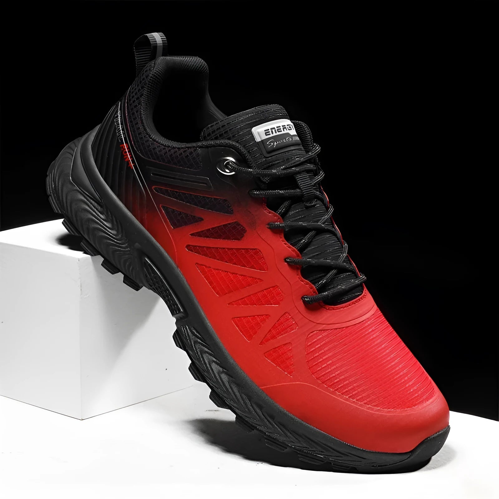 Men's black breathable mesh running shoe with lace-up front and round toe, shown on a white background.