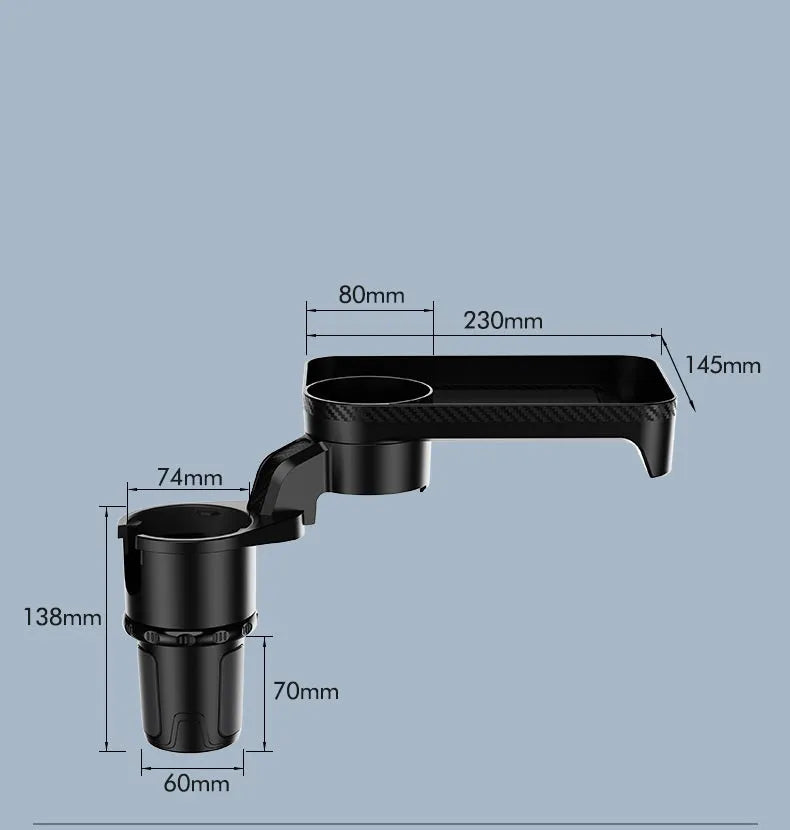 Black car-mounted dinner tray holder with a rotating base, shown inserted into a vehicle cup holder.