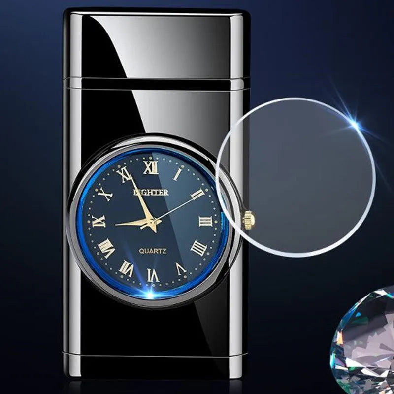 Electronic watch gas lighter with LED flash in black brushed metal finish.