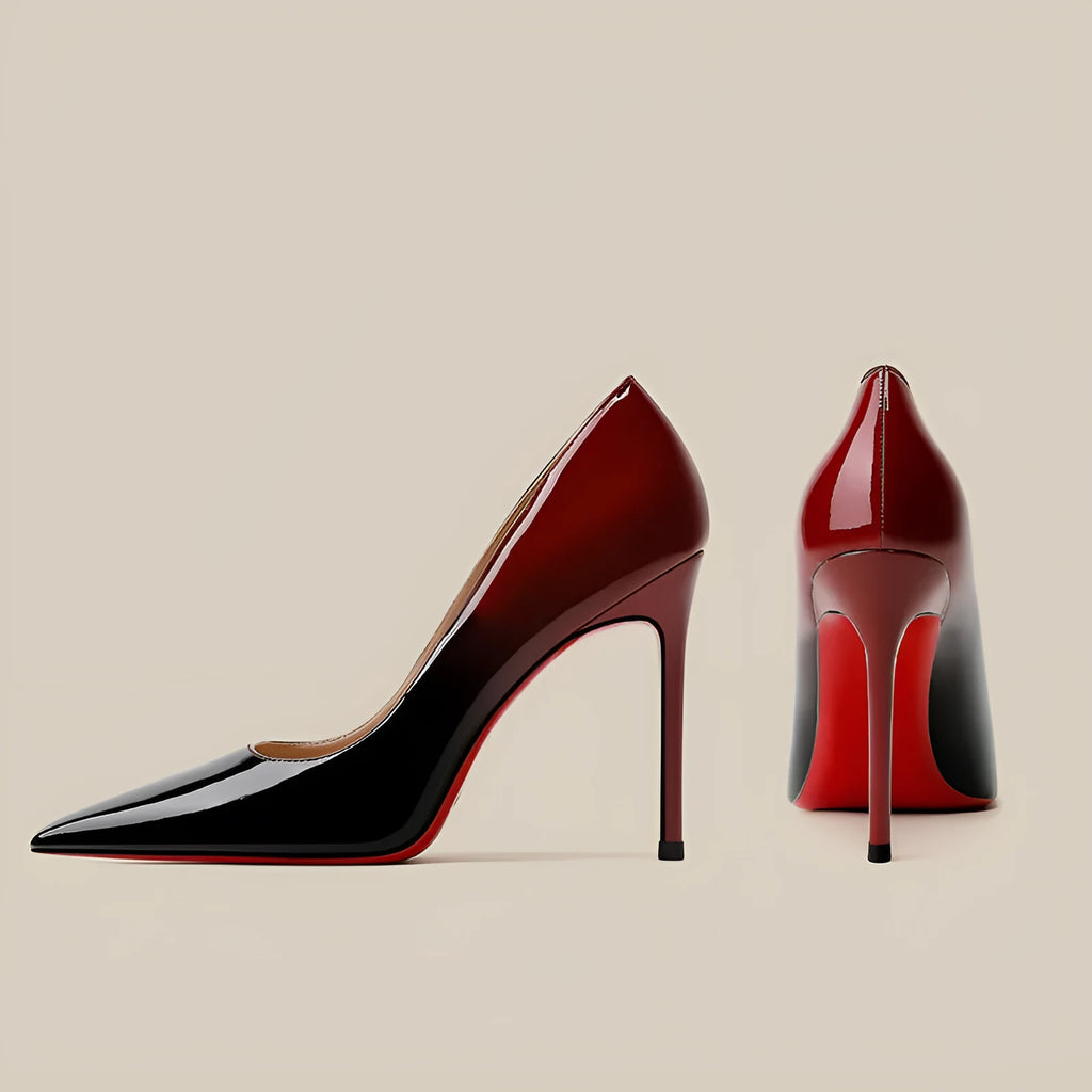 Patent leather black red gradient high heels with stiletto heel and pointed toe in super high heel style