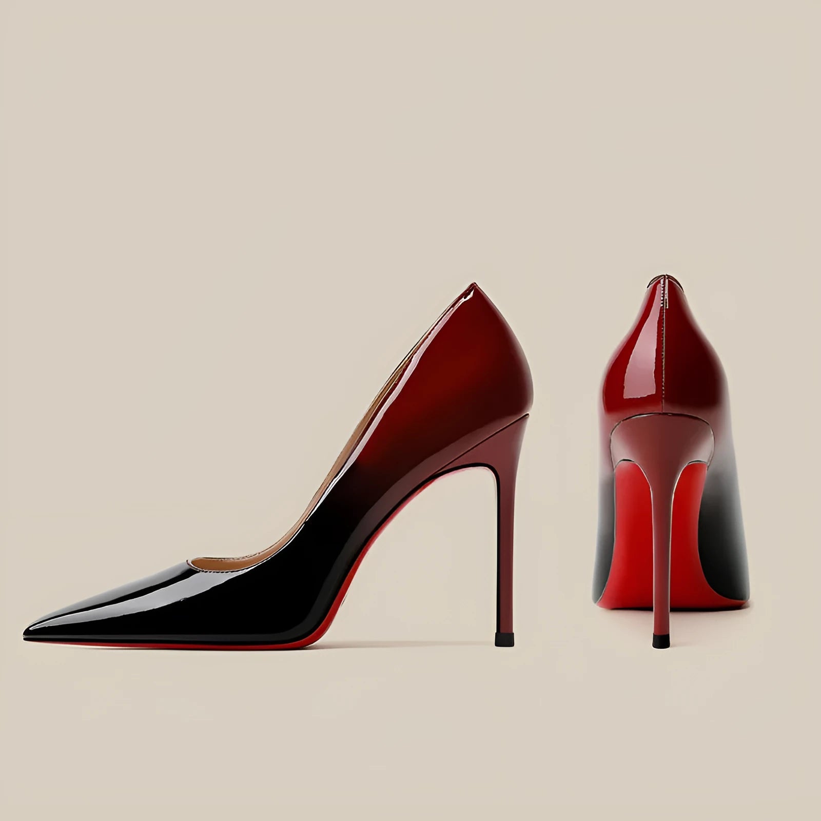 Patent leather black red gradient high heels with stiletto heel and pointed toe in super high heel style