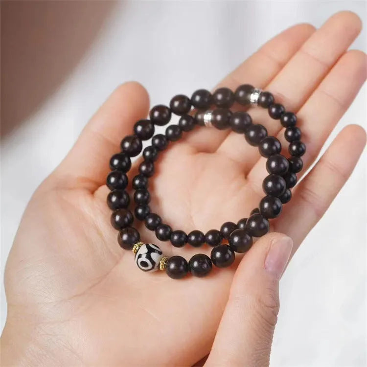 Ebony wood bracelet with 8mm beads in two-circle pattern, retro Tibetan design