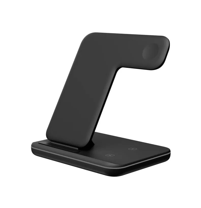 White three-in-one desktop wireless charging stand for mobile phone, watch, and headset.