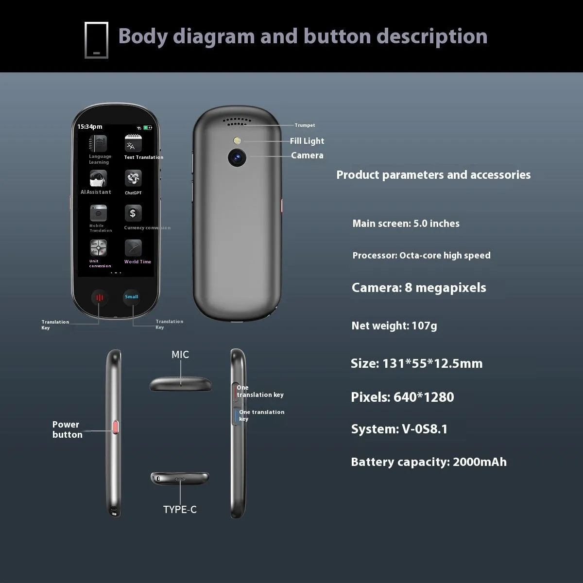 Black simultaneous interpretation translator device with lanyard and charging cable for business meetings