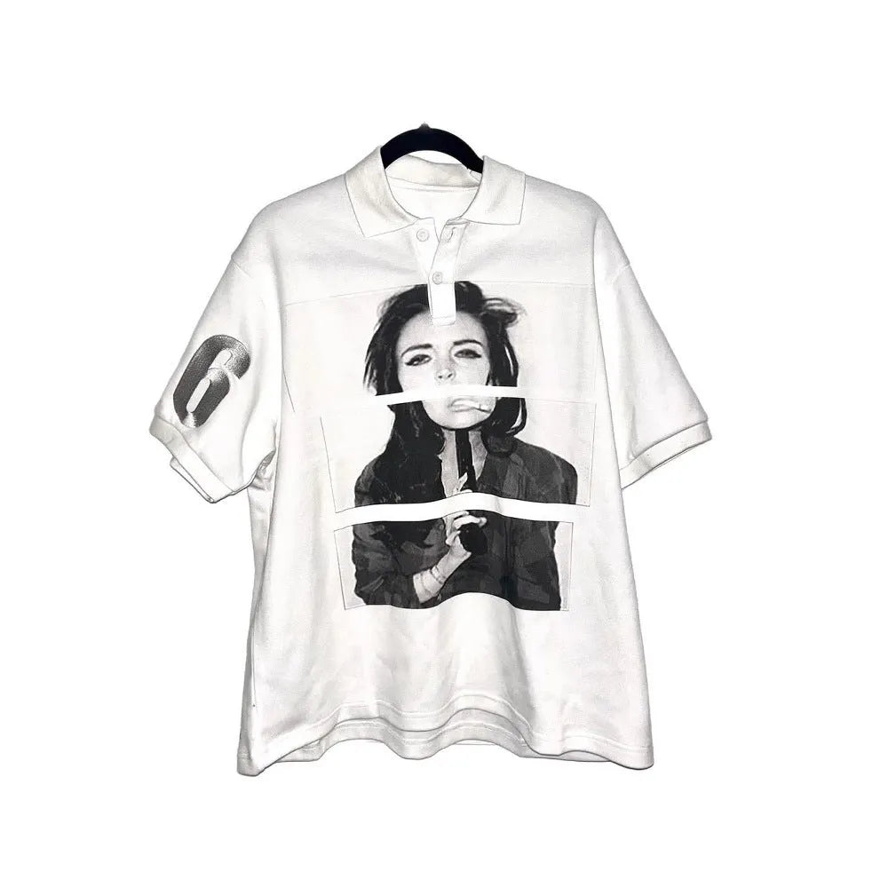 Short-sleeved polyester polo shirt with printed pattern in straight-cut design