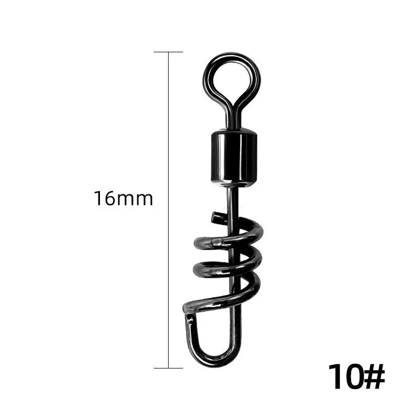 Close-up of a silver 8-shaped metal fishing swivel connector on a dark background.