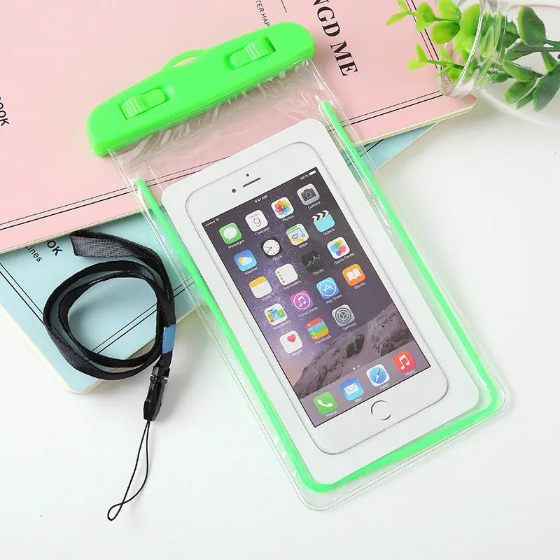 Glow-in-the-dark waterproof phone bag in PVC and ABS, 19x10.5cm, for outdoor rain protection