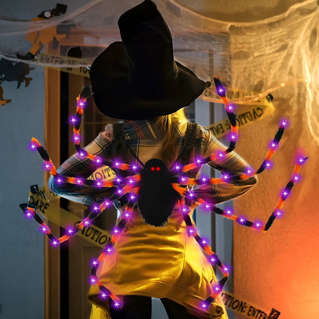 Plush Halloween spider backpack with LED lights in green, shown at 125cm length.
