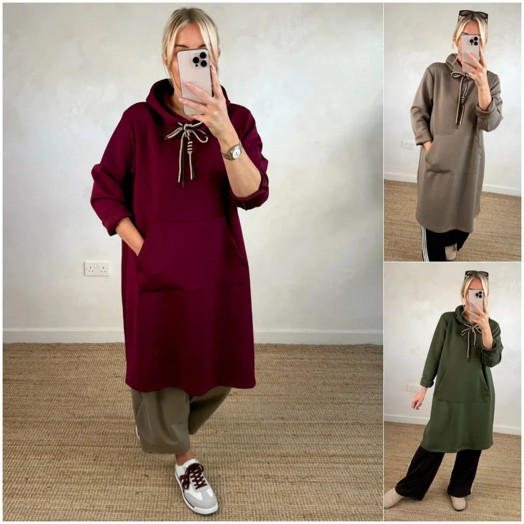 Women's loose oversized knit hooded maxi dress with pockets in solid colour, polyester construction