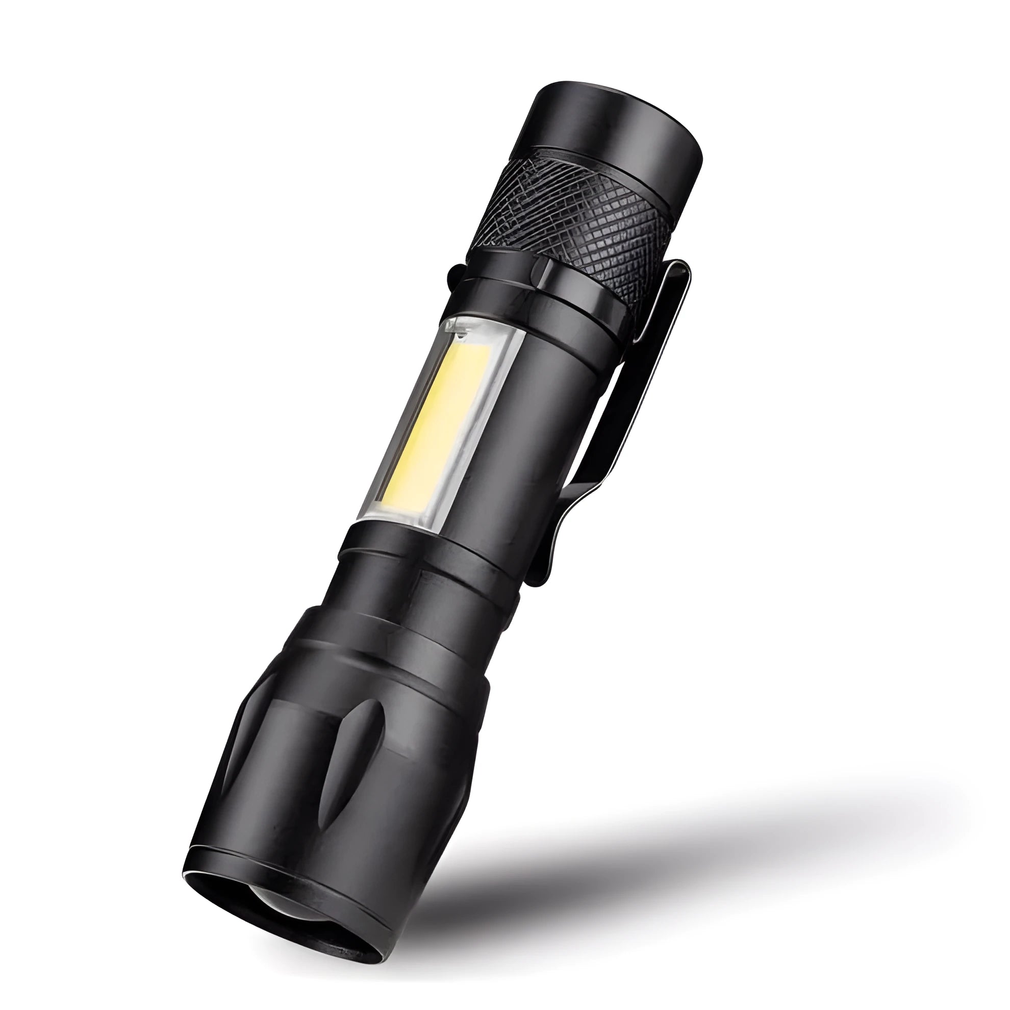 Black aluminium alloy telescopic LED flashlight with adjustable focus and carrying clip